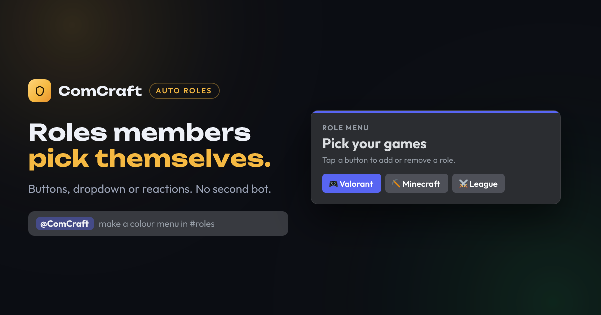 ComCraft Auto Roles: a role menu with game buttons in Discord