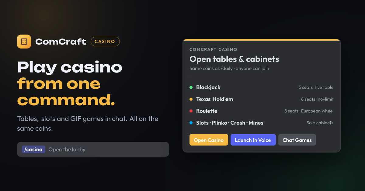 ComCraft Casino: a /casino command next to the live lobby