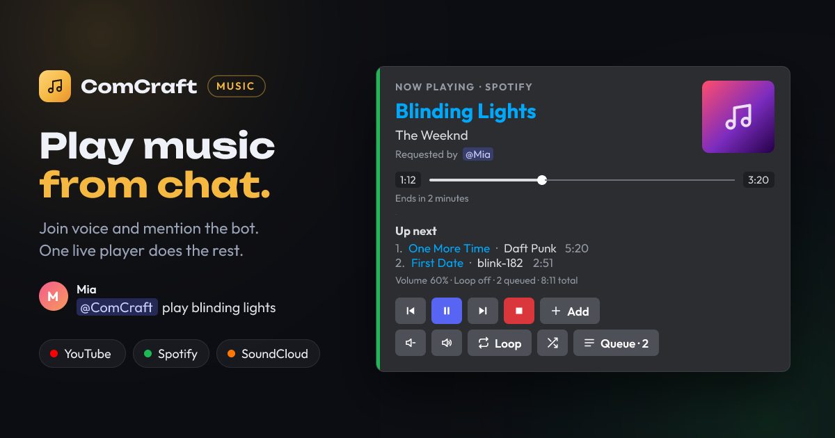 ComCraft Music: the Now Playing player next to a chat message