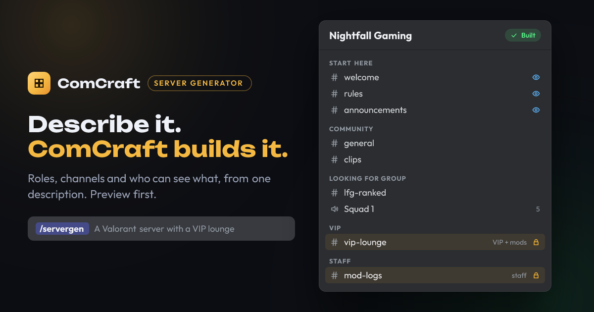 ComCraft Server Generator: a /servergen prompt next to the channels it built